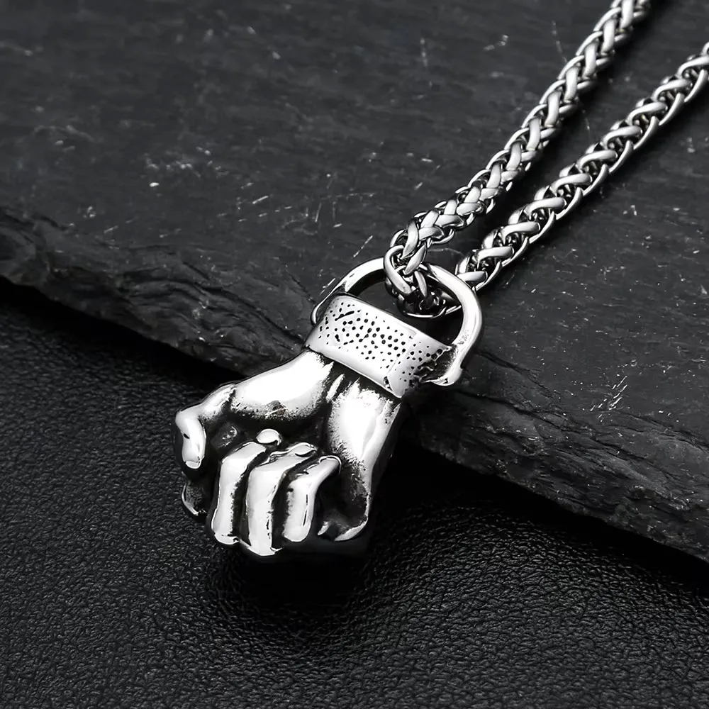 Retro Strength Fist Hand Pendant Necklace Stainless Steel Clenched Fist Hand Amulet Pendant Unisex Gothic Hip Hop Jewelry Gift