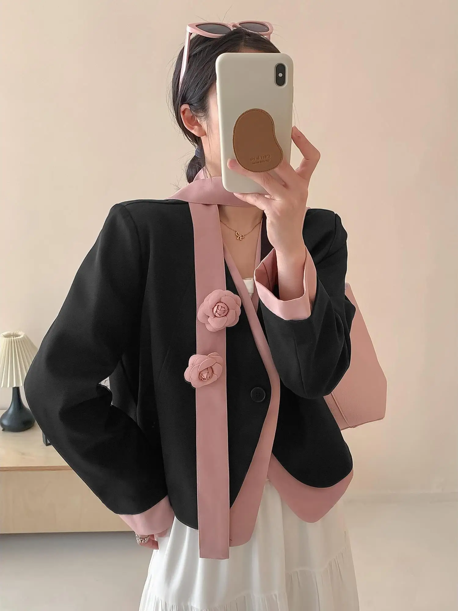 

Корейский дизайнерский хит: Женский элегантный жакет в стиле Color Block с длинными рукавами, черно-розовый, в стиле «Маленький аромат»