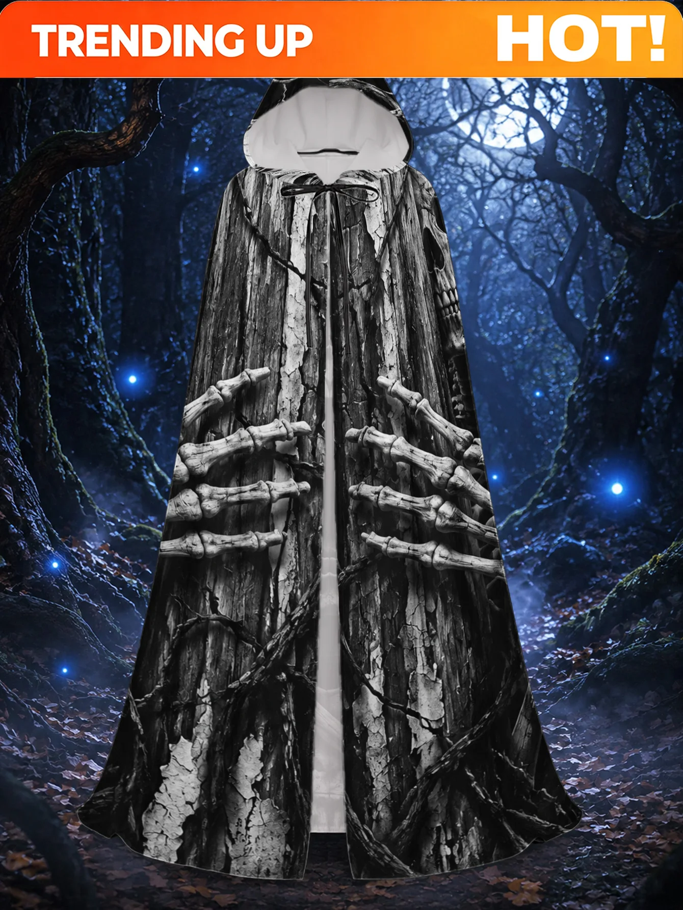 Customization 1pc, Long Halloween Witch Cape And Christmas Costume Robe, Polyester Hooded Cloak With Monochrome Skeleton Between