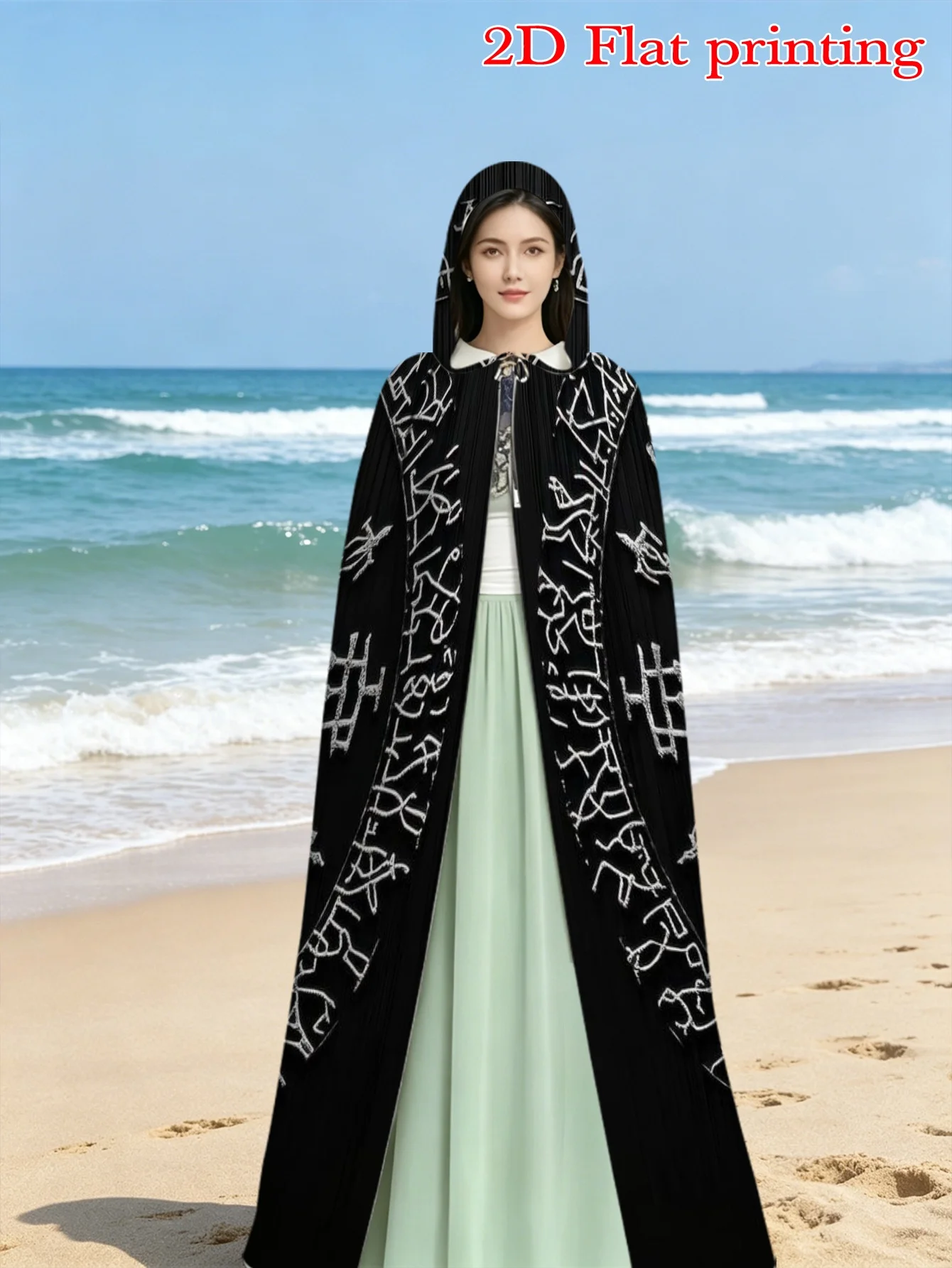 Customization 1pc Cape Hooded Cloak With Nordic Rune Wheel Print - 100% Polyester Costume For Themed Parties, Halloween