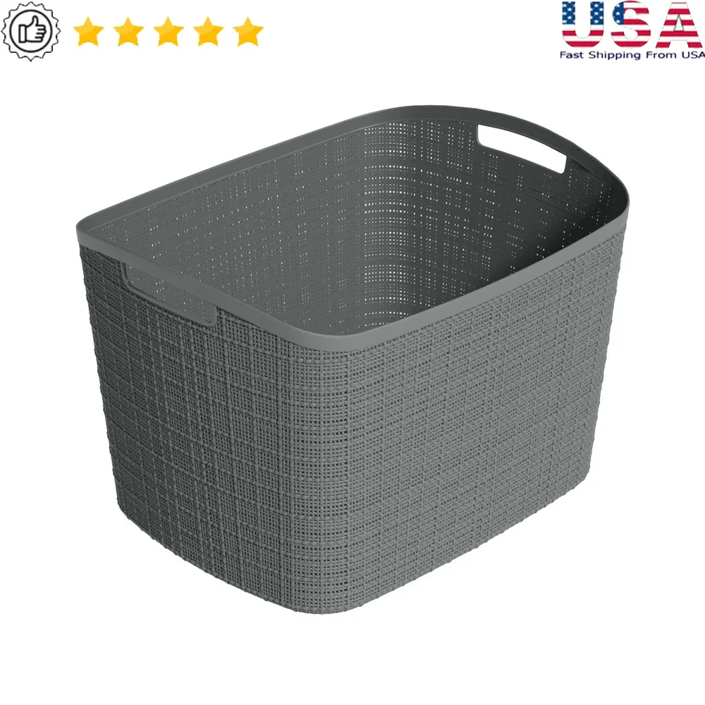 سلة تخزين كبيرة جدًا من الراتنج المتين بتصميم الجوت المنسوج مع مقابض للمنزل والمكتب وغرفة النوم وغرفة المعيشة