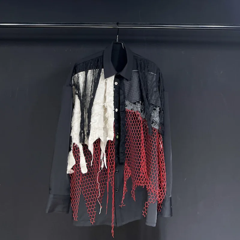 WVGA Spring Autumn New Men Tide Mesh Patchwork Trendy Long Sleeve Shirt Niche Chic Casual Turn-Down Collar Draped Top Ins W15620