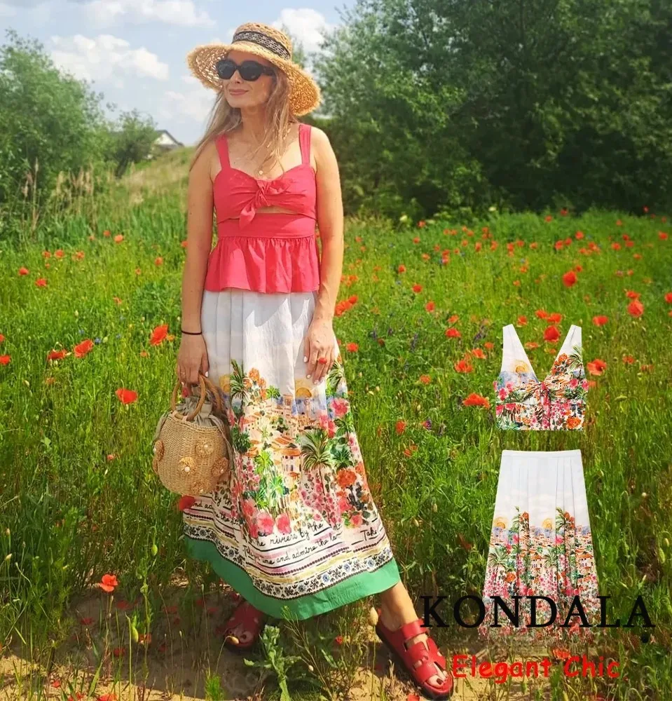 Set di gonne stampate per le vacanze estive Set da donna con scollo a V con fiocco o gonna a pieghe 2025 Set da donna elegante per le vacanze estive