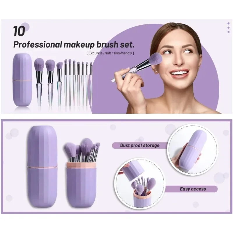 Bright Purple Makeup Brushes Kit Eyeshadow Concealer Foundation Blending Brush with Portable Storage Bucket 10pcs Make Up Tools