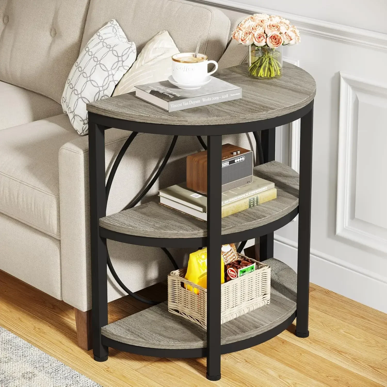 Half Round Side Table, Narrow Sofa Side Table with 3-Tier Storage Shelves, Half Moon Table, Tall Nightstand for Living Room