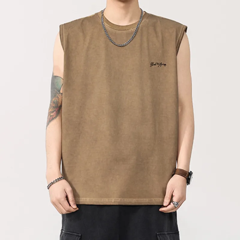 

2025 г., мужская летняя новая стильная американская ретро-модная универсальная свободная футболка без рукавов с принтом и грязной стирой, топ на бретелях