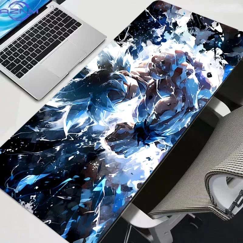 Dark Background Blue Splash Effect White Haired Anime Fighter Mouse Pad, Rubber Non Slip Backing, Smooth Surface Gaming Desk Mat