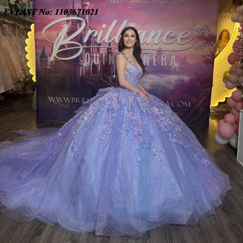 EVLAST Mexican Lavender Quinnceanera Dress Ball Gown Sequins Lace Applique Beading Corset Sweet 16 Vestidos De 15 Anos SQ581