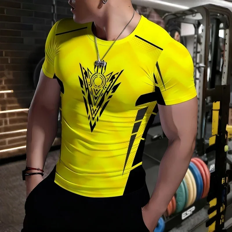 Men's Compression Sports T Shirt Yellow Black Geometric Print Quick Dry Short Sleeve Gym Training Fitness Workout Top