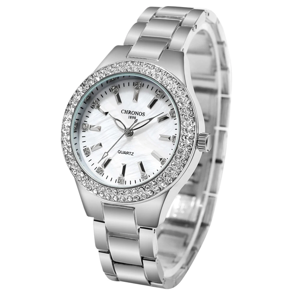 CHRONOS Women Watch Rhinestones Simple Hardlex Dial Stainless Steel Band Luxury Ladies Fashion Wristwatch CH36