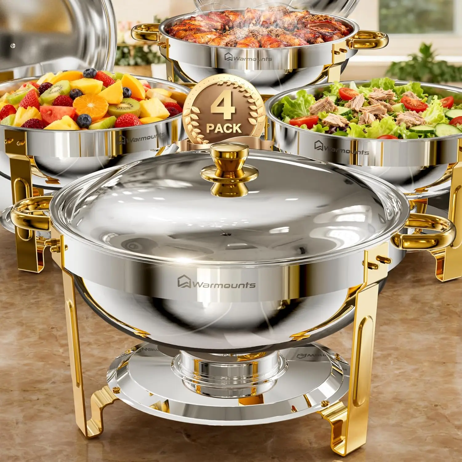 

Золотые круглые мармиты из нержавеющей стали, 5QT, набор из 4 штук с держателем для крышек, штабелируемые для кейтеринга и мероприятий