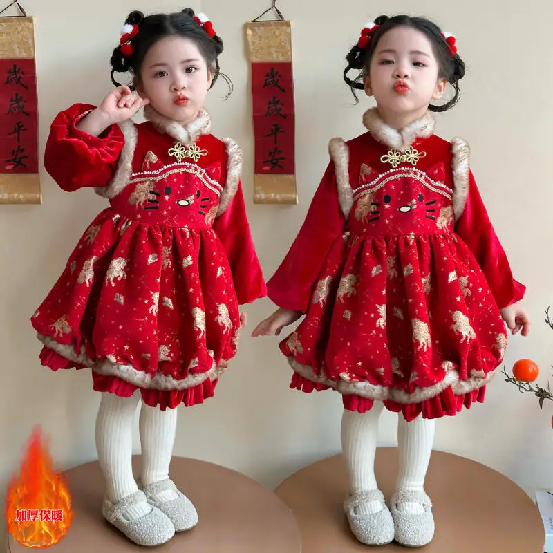 

Sanrio Hello Kitty, новое бархатное платье в китайском стиле для девочек, зимний новый костюм пони Тан, платье в китайском стиле, теплое платье принцессы