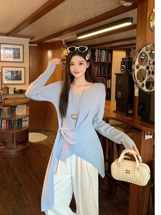 

plus Size Women's V-Neck Long Sleeve Knitted T-Shirt Spring Summer New Style Waist-Cinching Asymmetrical Commute Style Slim Fit