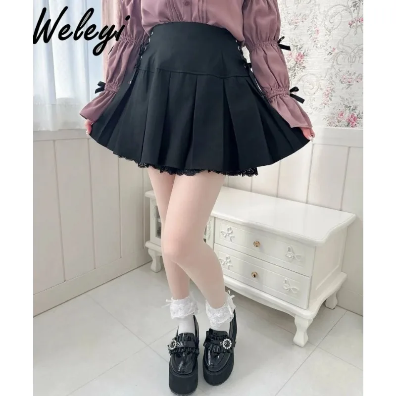 

Sweet Japanese Girls Lace Up Black Skirt 2024 Spring and Autumn New Japan Style Cute Side Buckle Strap Pleated Skirts for Women