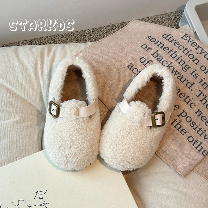 Toddler Child Shearling Fleece Shoes Girl Warm Furry Loafers Baby Fashion Plush Flat Zapatos With Metal Buckle Belt