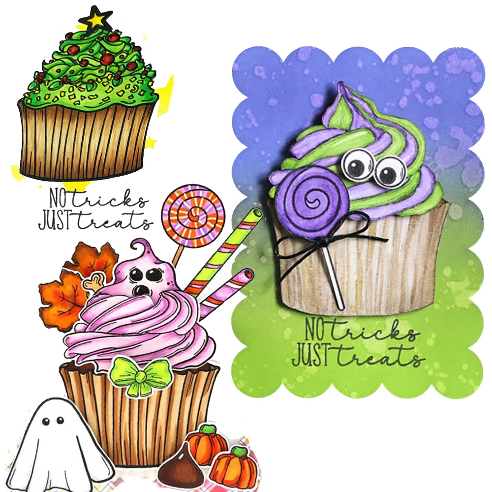 No Tricks Just Treats Halloween Cake Ghost Cutting Dies/Clear Stamp Crafts Card Album Making DIY Stencil 2023