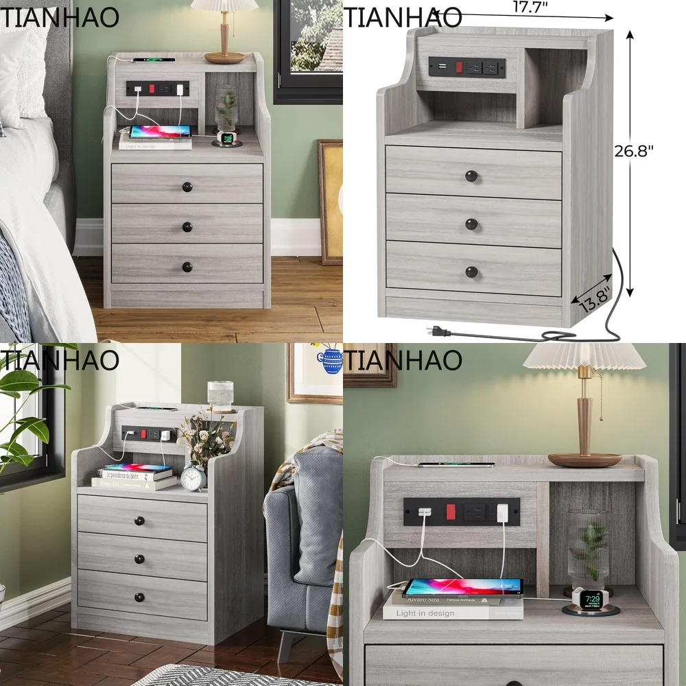 Nightstand with Charging Station for iPhone Android Tablets Night Stand with Hutch Storage Drawers End Table Side Table