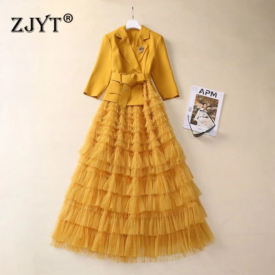 

ZJYT Spring 2025 Elegant Ruffles Carscading Long Dresses Women Mesh Patchwork Fashion Party Prom Dress Yellow Red Black Vestidos