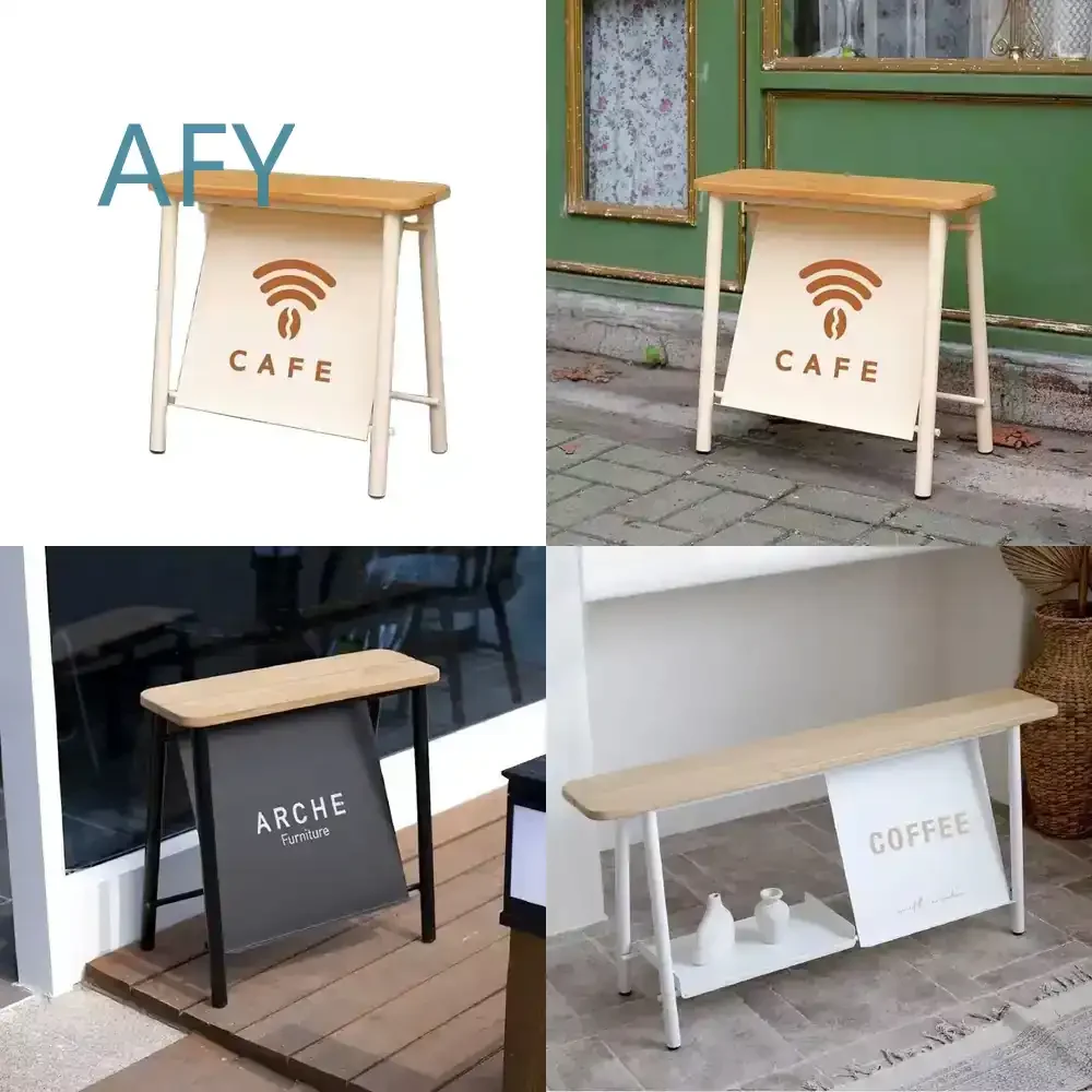 Metal Billboard Display Stand for Outdoor Milk Tea Shop Floor to Ceiling Vertical Sign Holder with Seating Rest Area for
