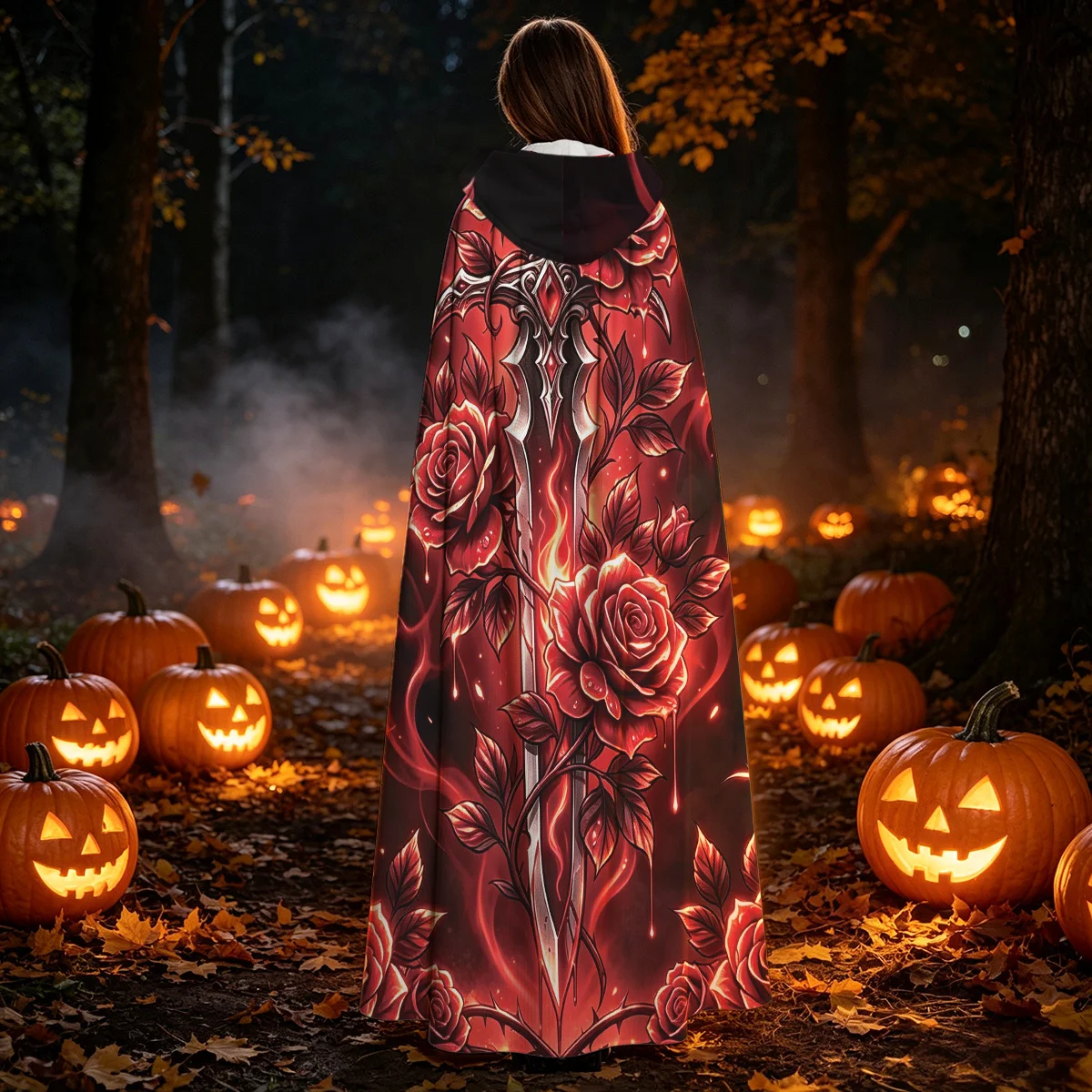 1pcs Gothic Hooded Cloak Cape with Fiery Red Rose Thorn & Sword Patterns - Medieval Witch Wizard Robe