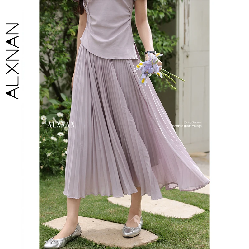

ALXNAN Purple Long Skirt Women Elegant A-line Pleated Midi Skirt 2025 Loose-fit Casual Holiday Beach Female Clothing L53917