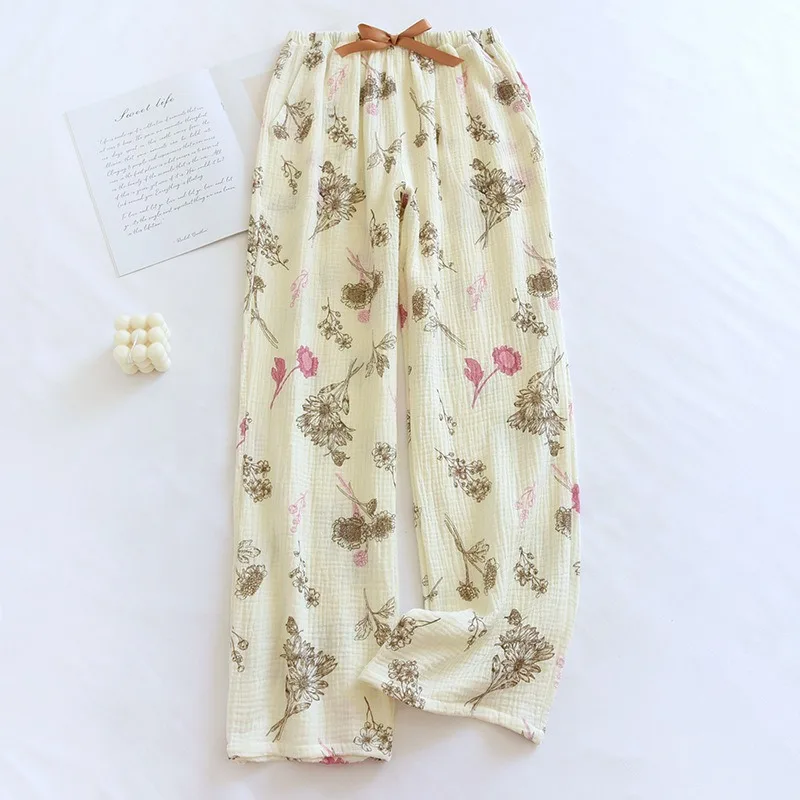 2023 Spring New Pajamas Pants for Women Crepe 100% Cotton Loose Casual Straight Trousers Home Clothes Sunflower Print Sleep Pant