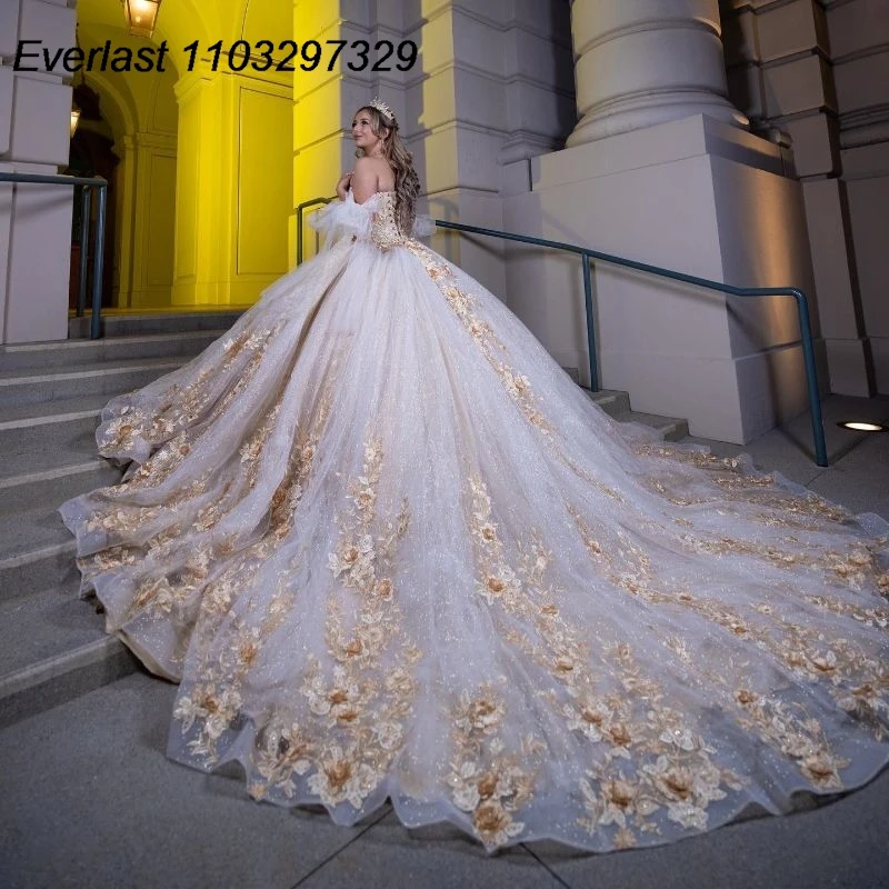 EVLAST Sparkly Ivory Quinceanera Dress Ball Gown 3D Gold Flowers Applique Beading Mexico Sweet 16 Vestidos De XV 15 Anos TQD723