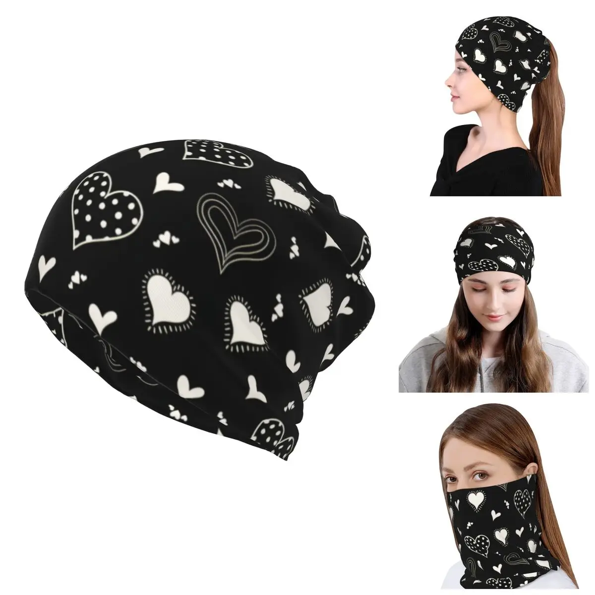 Custom Cute Valentine Hearts Skullies Beanies Caps Men Women Windproof Neck Gaiter Winter Bandana Scarf for Hiking