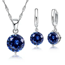 925 Sterling Silver Color Pendant Necklace Huggie Earrings Sets for Wedding Engagement Austrian CZ Crystal Women Girl Gifts
