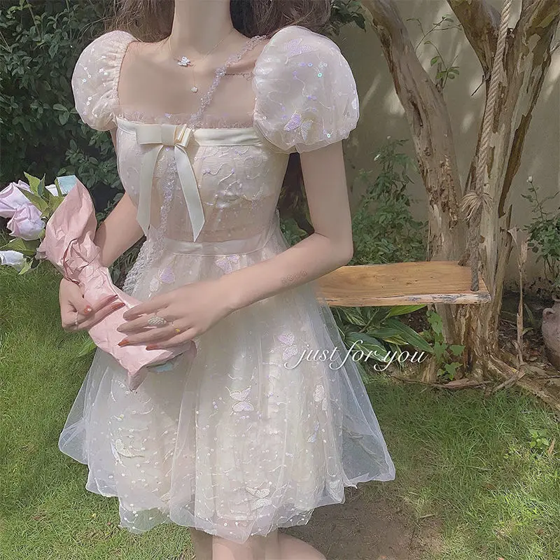 

Летнее элегантное платье принцессы 2022, женское милое платье с буффами на рукавах, женское сказочное платье с бантом, повседневное винтажное милое мини-платье