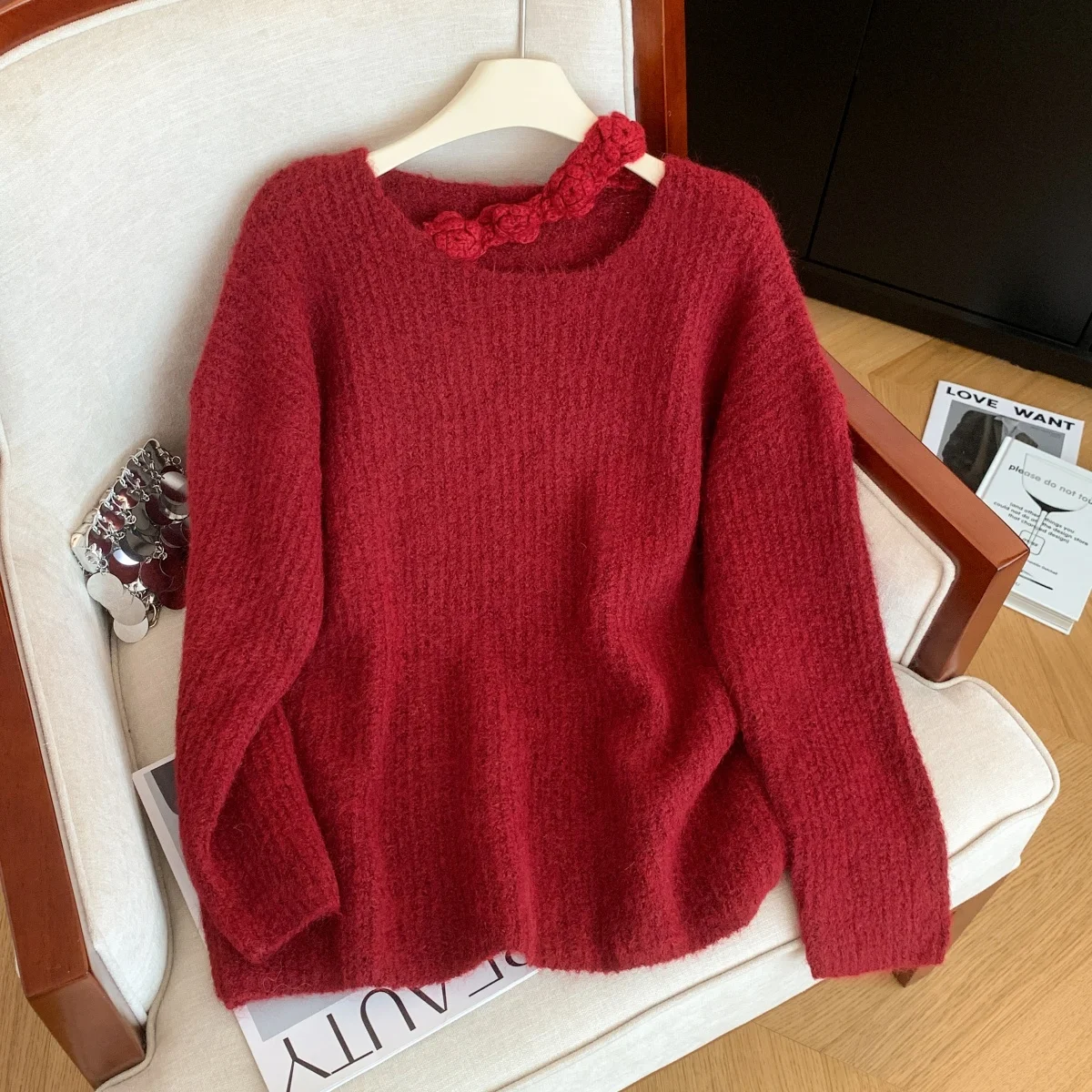 

Women Christmas Red Pullover Sweater Y2k Vintage 2000s Jumper Knit Long Sleeves 3D Floral Cashmere Sweater Autumn Winter Clothes
