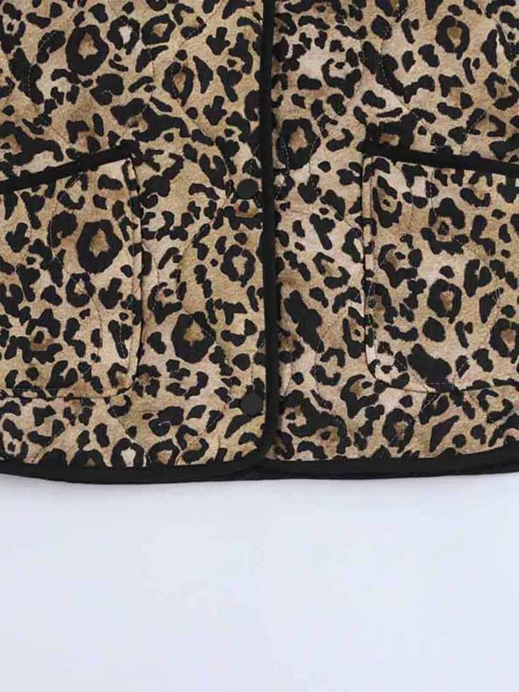 Vintage Leopard Cotton Coat Women Loose O-neck Long Sleeve Single Breasted Pockets Jacket 2024 Autumn New Lady Casual Outwear