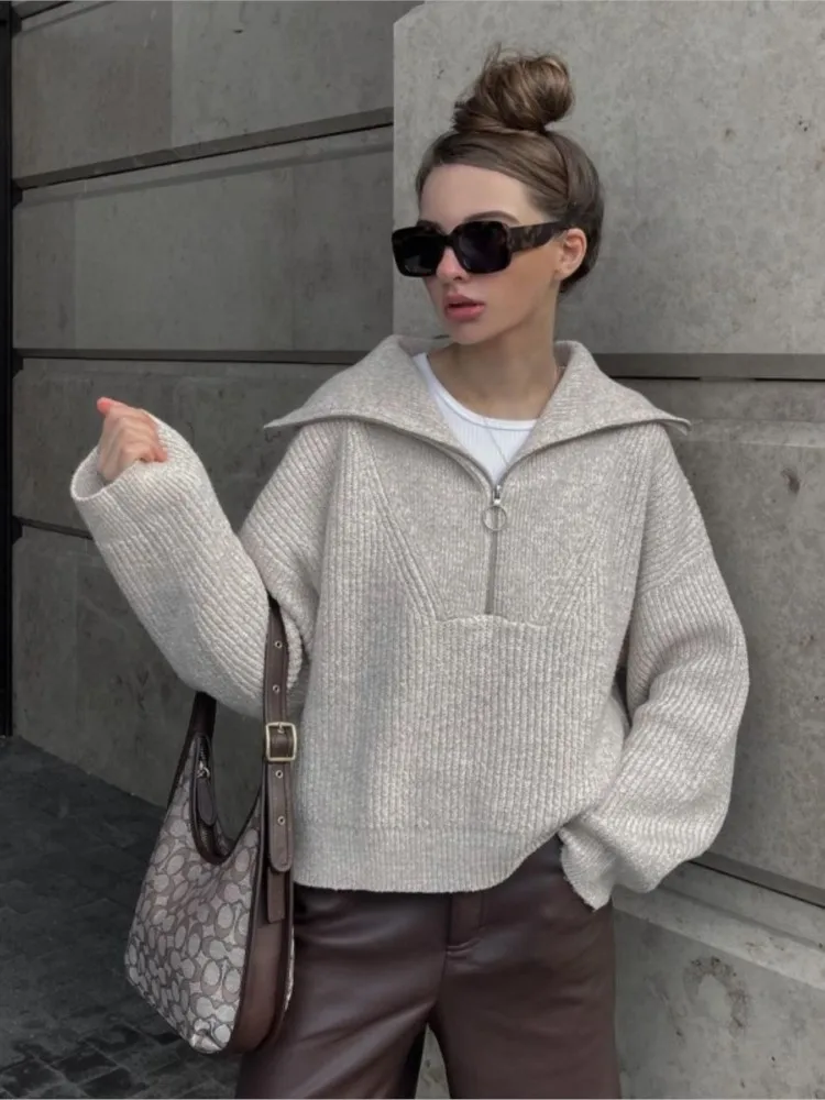 

New Autumn Winter Casual Women Half Zip Lapel Long Sleeve Knitted Sweaters, Basic Warm Loose Pullover Jumper Tops, Streetwear