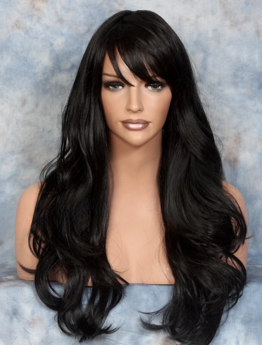 

Hair Blend Full Wig Heat OK Long Semi Wavy Black Layered and Bangs WBKT 1