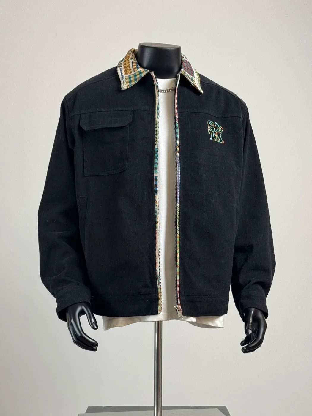 Men's Vintage Ethnic Patchwork Corduroy Jacket Cargo Lapel Collar Zip Up Coat Colorful Plaid Contrast Spring Fall Zip Streetwear