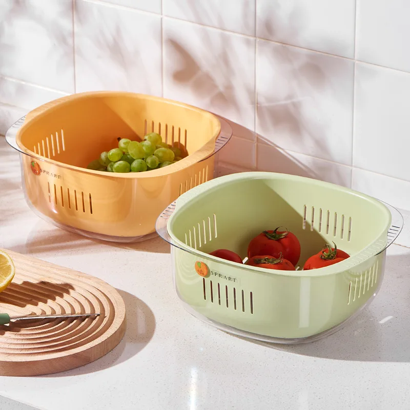 Household Vegetable Washing Basin Double-layer Draining Basket Kitchen Living Room Multifunctional Receiving Basket Fruit Plate