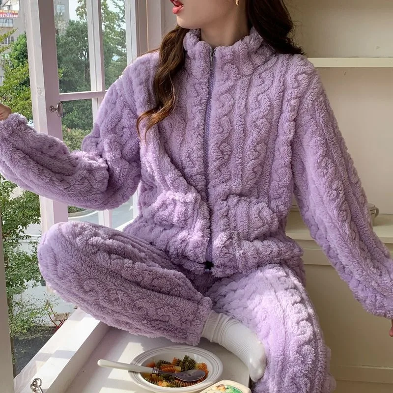 Flannel Pajamas Set Autumn Winter Female Sleepwear Trouser Suit Thicken Coral Fleece High Collar Lounge Wear Soft Warm Homewear