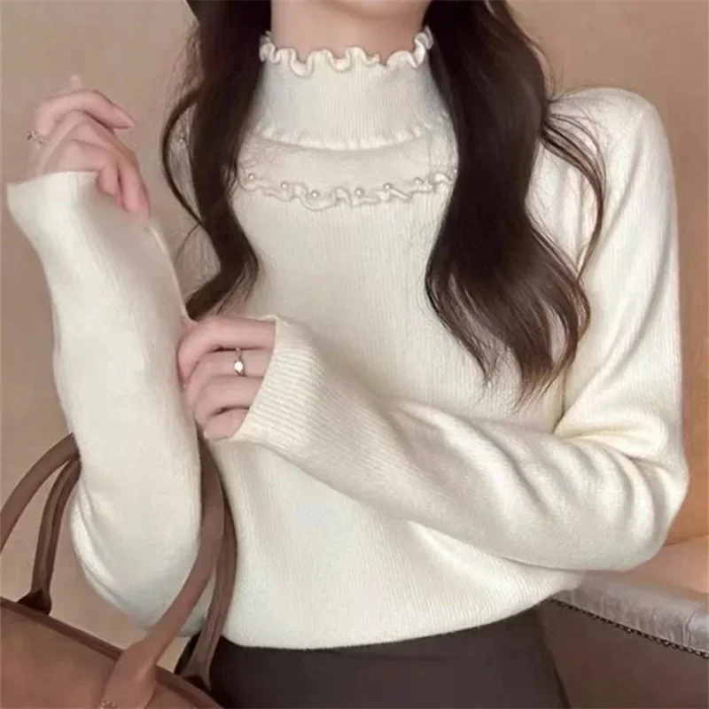 Temperament Fungus Edge Top Women's 2025 Autumn And Winter Long-sleeved Bead Integrated Warm Backing Knitted Sweater Solid