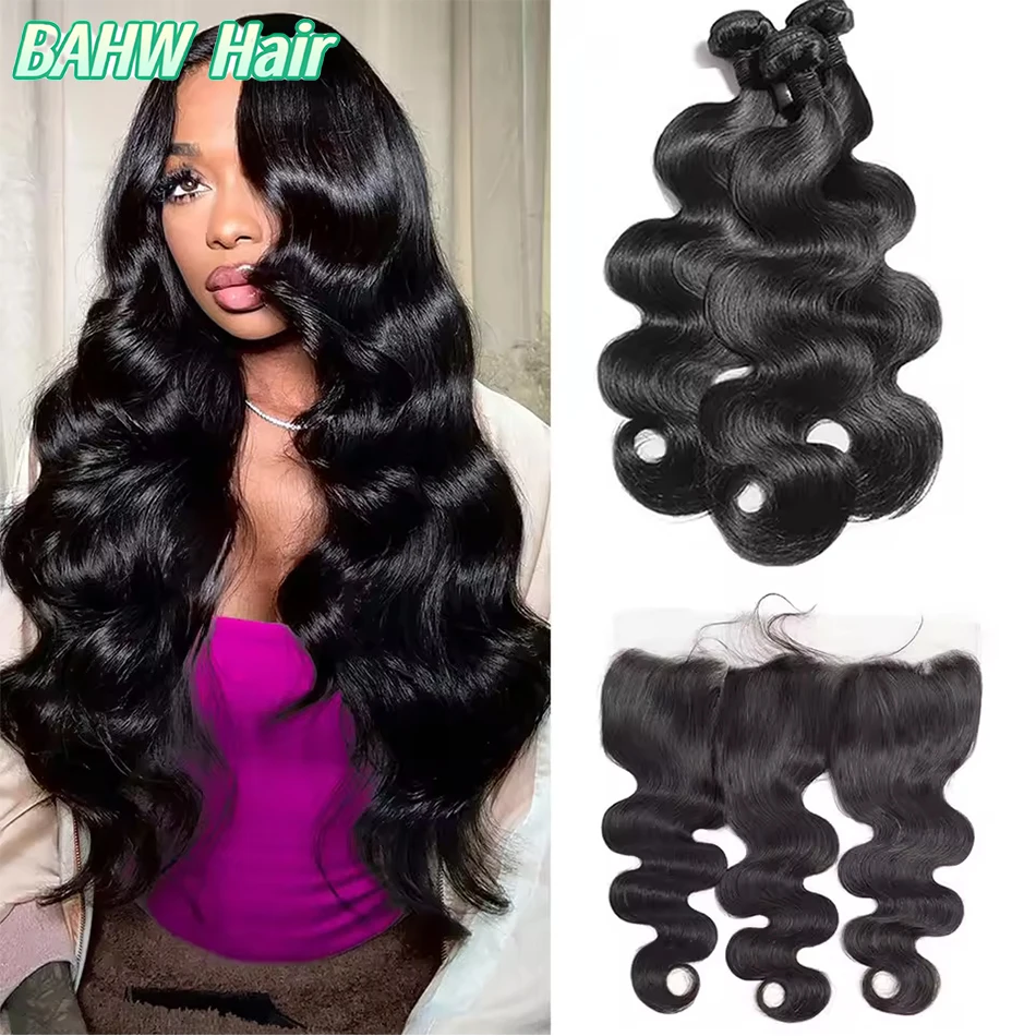 

Бразильские волосы Body Wave в пучках с фронтальной кружевной вставкой 13x4, 100% натуральные человеческие волосы с кружевной застежкой, натуральный черный цвет