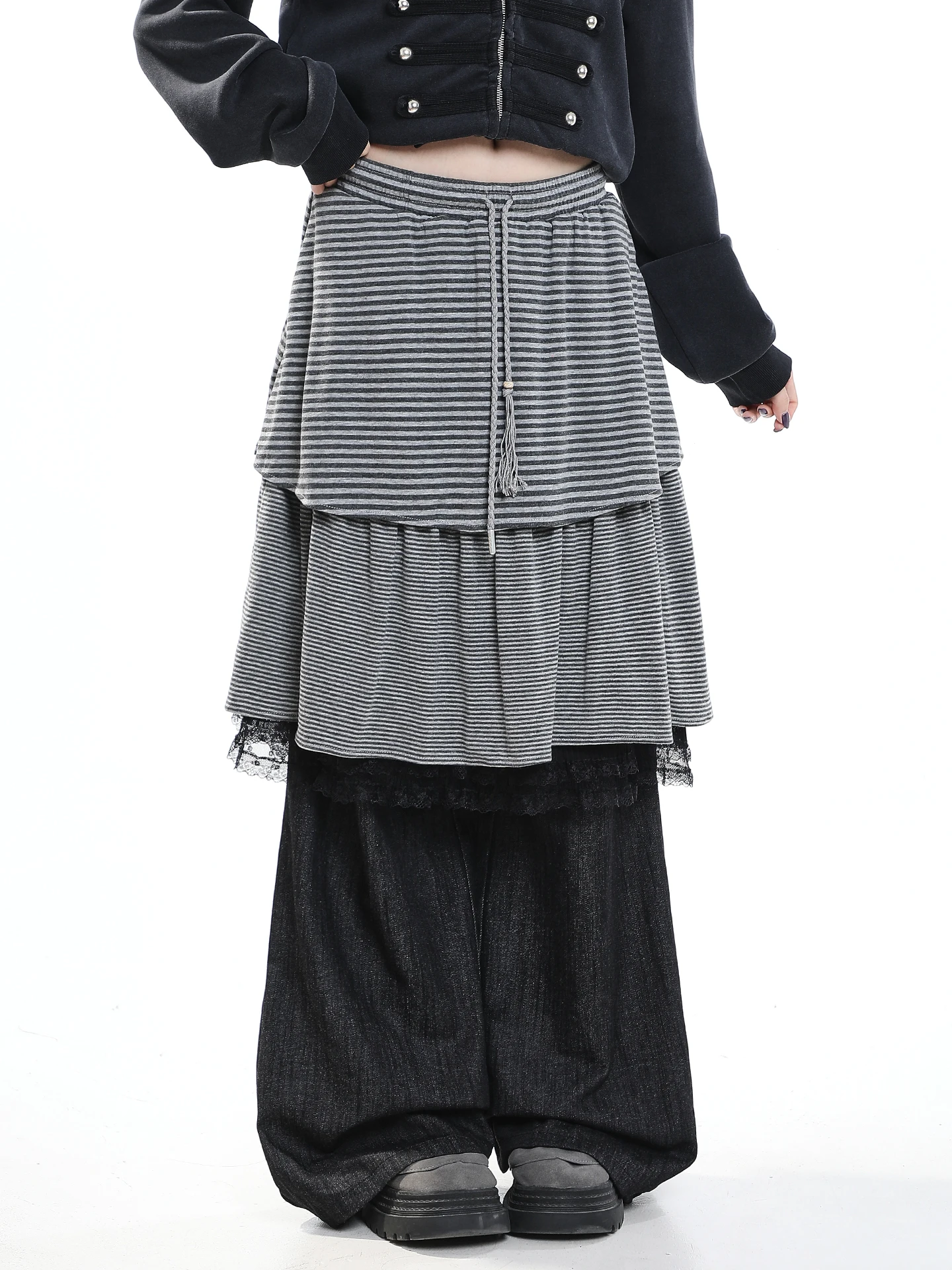 Korean Style Striped Splicing Fake Two-Piece Wide Leg Pants Women's Loose Natural Waist BF Style Layering Design Casual Pants