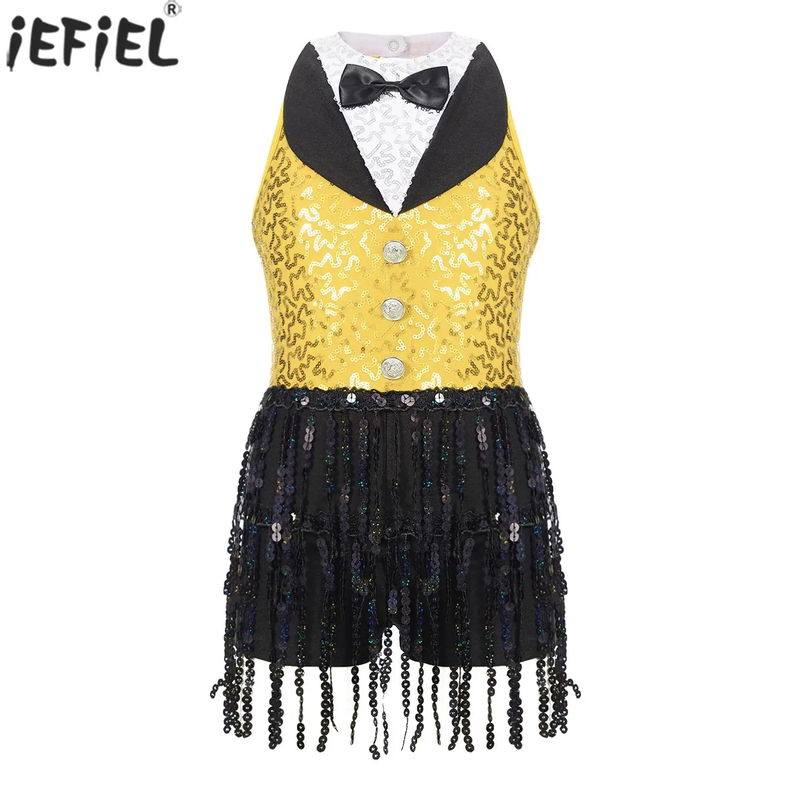 Kids Girls Latin Jazz Dance Dress Sequins Sleeveless Tassel Figure Skating Leotards Ballroom Cha-cha Samba Performance Costume