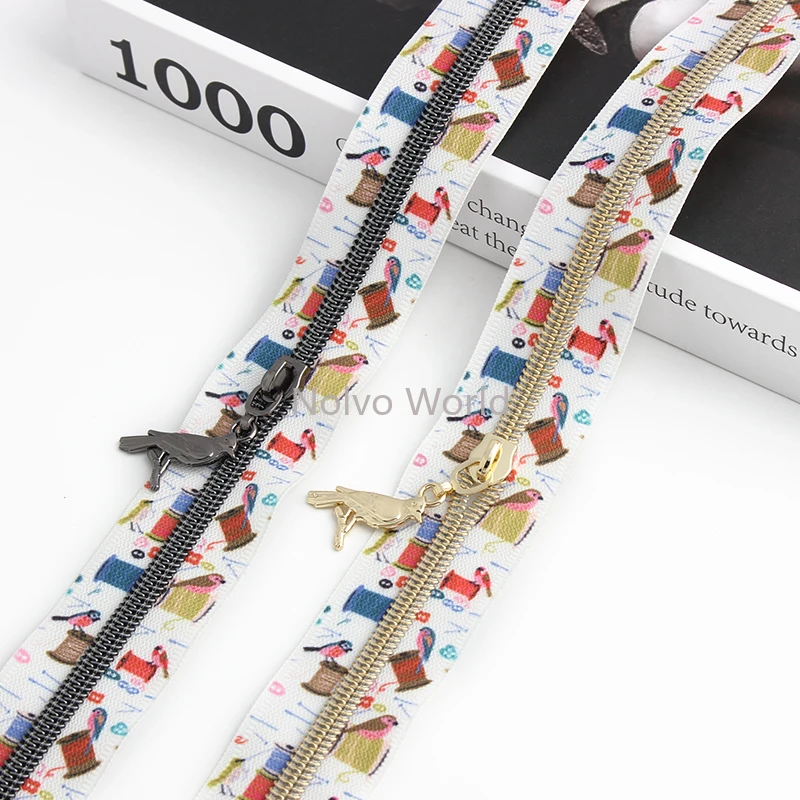 5/20/100Yards 5# Nylon Sewing Coils+Bird Zippers Tape With Pattern For Coat Shoes Clothes Bags Puller Slider Tailor Accessories
