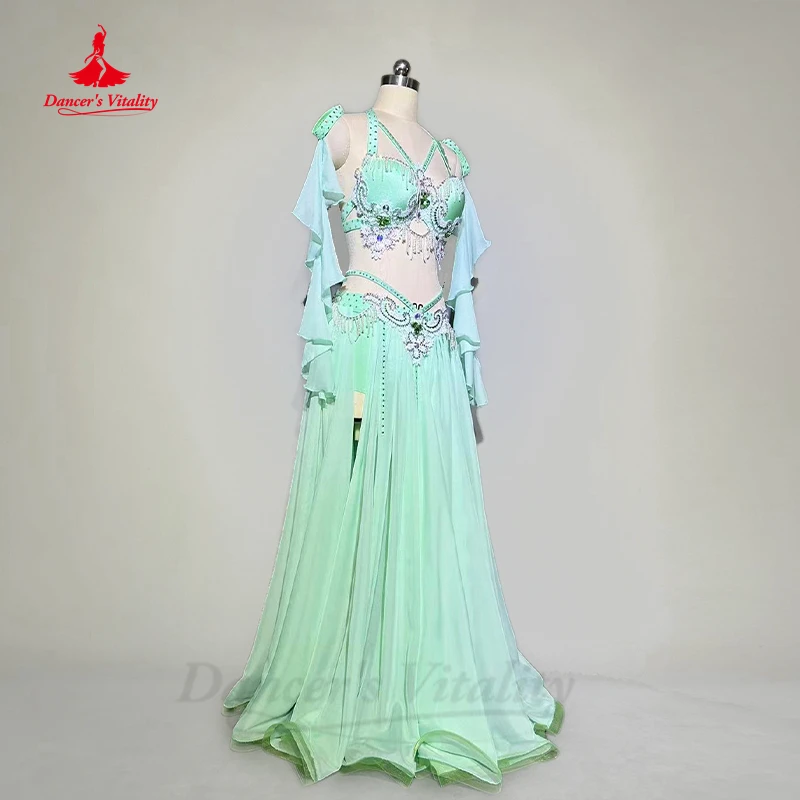 Belly Dance Performance Costume Suit for Women Children Customsized Bra+long Skirt+sleeves 4pcs Oriental Belly Dancing Wear Suit