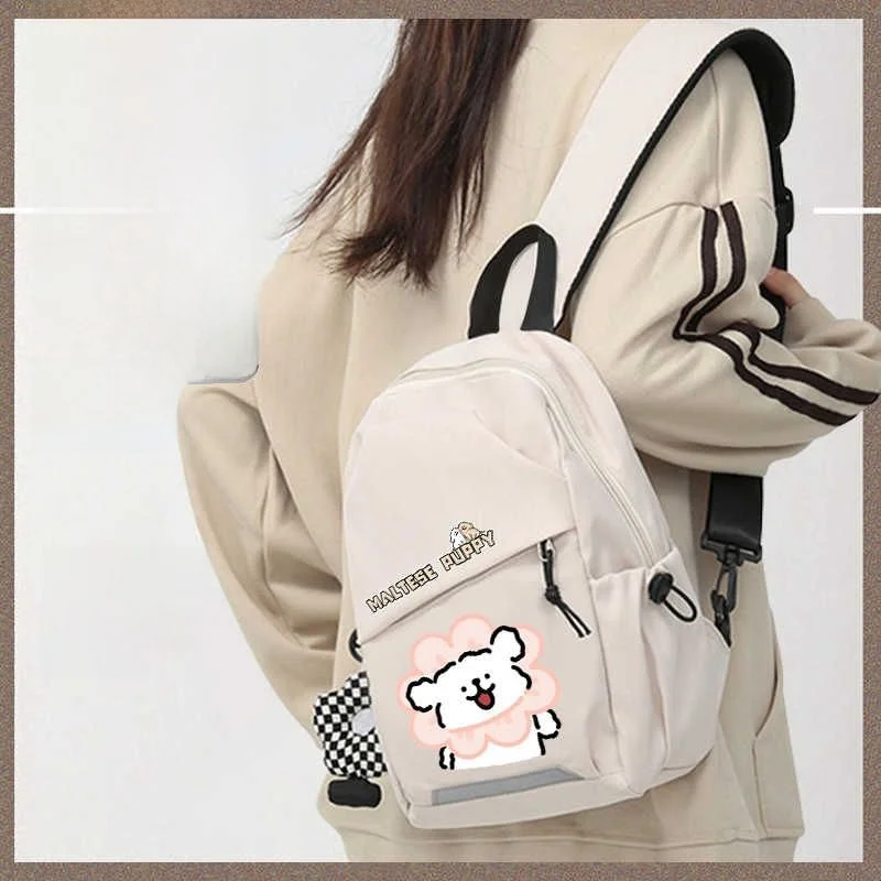 cute-cartoon-dog-line-chest-bag-unisex-large-capacity-single-shoulder-backpack-for-cycling-sports-and-leisure-nylon-material