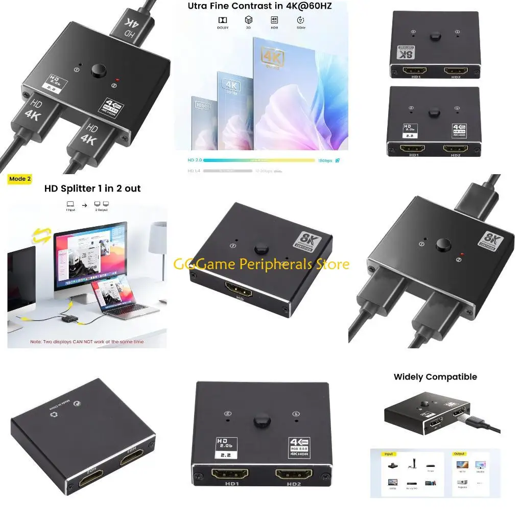 

U55B Switcher Box 2x1 Bidirectional Switching Adapter Splitters 8K@60Hz 4K@60Hz 2In1 Out/1In2-Out for HDTV Box