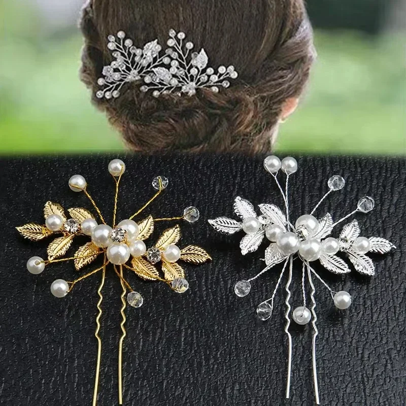 

Pearl Flower Hairpin Side Comb Wedding Hair Accessories Leaf Shaped Tiaras Bride Insert Hair Clip Jewelry Fashion Headwear