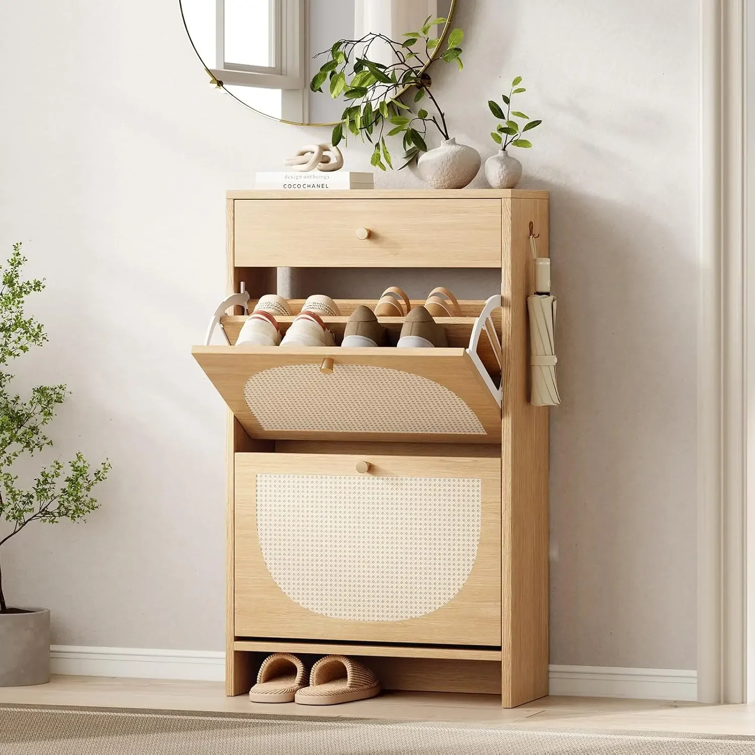 

Shoe Cabinet Storage for Entryway, Narrow Shoe Rack with 2 Flip Drawers and 1 Drawer,