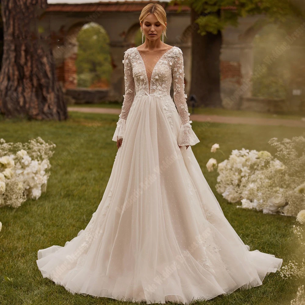 Vestidos de novia de corte en A para mujer, ropa sencilla con cuello en V, mangas largas de trompeta, calcomanías brillantes, adornos, Batas