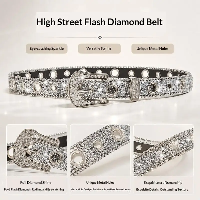 Adjustable Crystal Buckle Leather Belt Sparkly Rhinestone Decor Women Waist Belt Birthday Gift for Girlfriend Wife