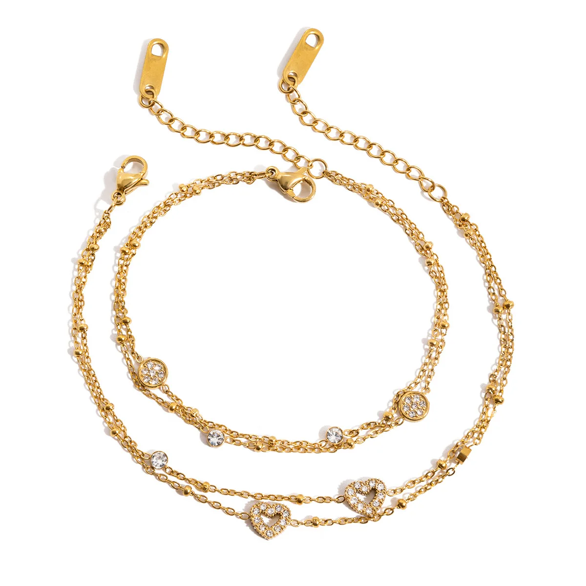 18K Gold Plated Double Layer CZ Heart Bracelet,Waterproof Non-Fading Tarnish Free Stainless Steel,Minimalist Clean Girl